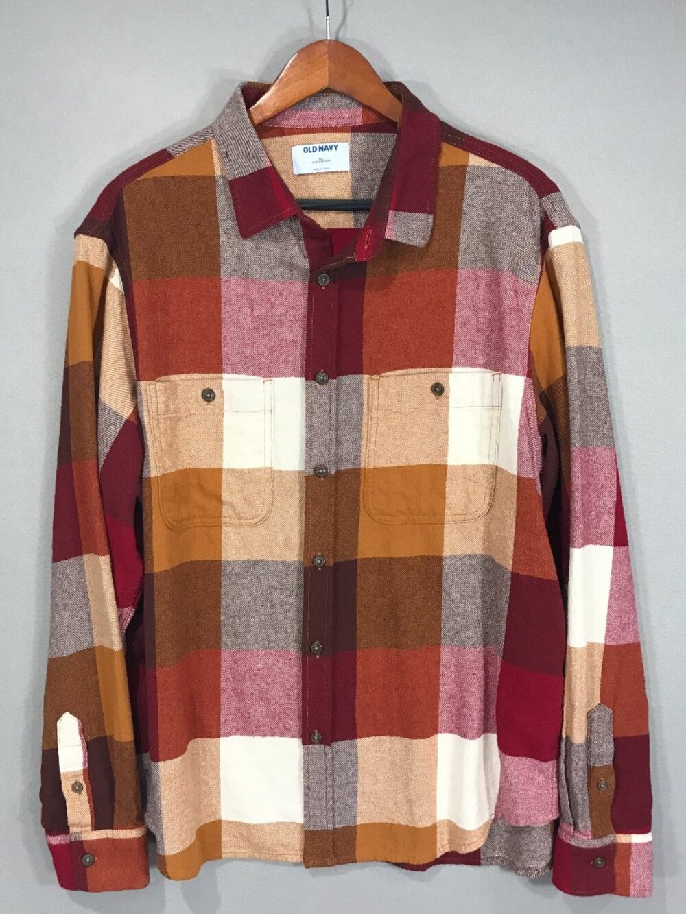 Old Navy Shirt Men's XL Red Brown Plaid Flannel Button Down Long Sleeve Pockets